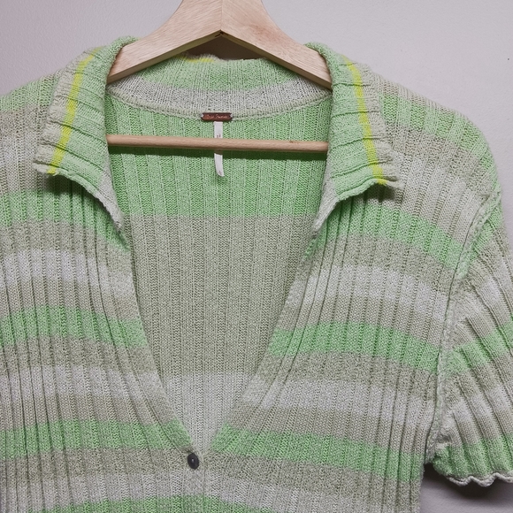 Free People Crop Top Women Sze L Green Stretch Ribbed Short Sleeve Sporty Casual - Picture 2 of 8